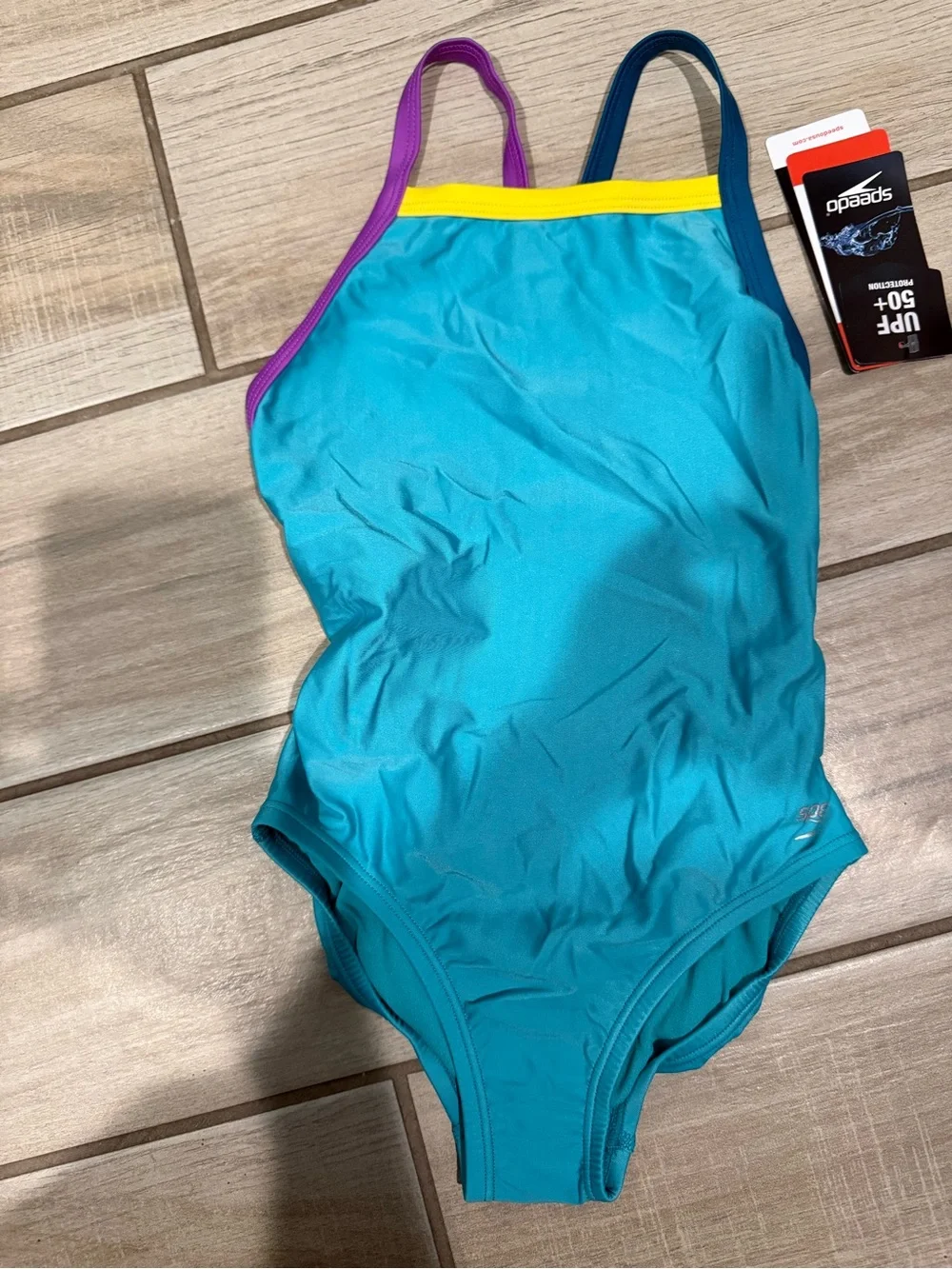 Speedo girls Teal One-Piece Swimsuit with Purple & Navy Straps size 8 NWT